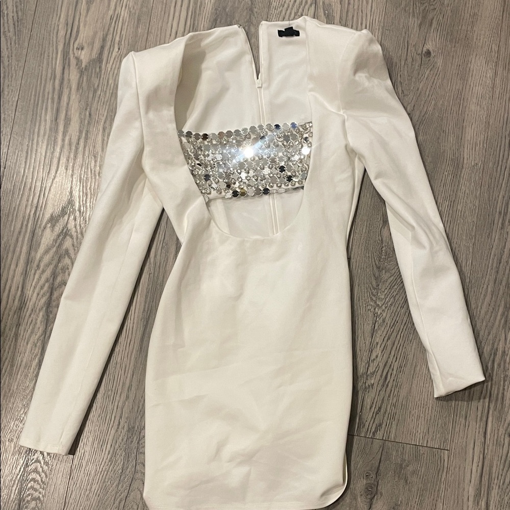 NBD White Long Sleeve Dress with Silver Sequin Detail